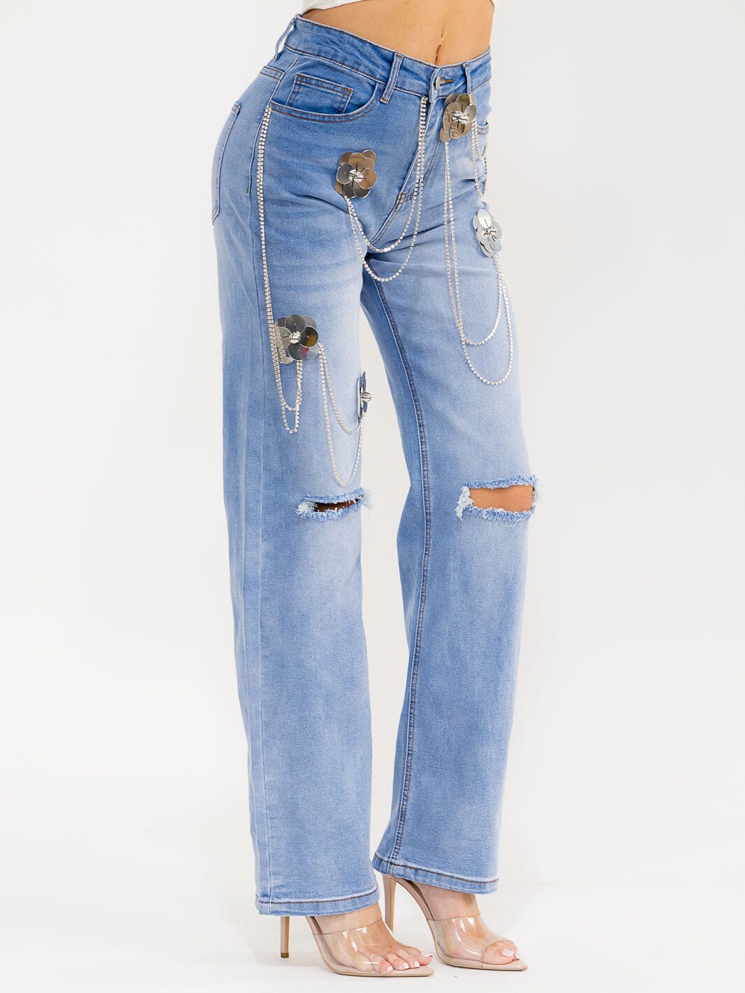 WOMEN'S BUTTON CLOSURE POCKETS WASHED DISTRESS DENIM FLOWER DETAILED STRAIGHT LEG PANTS