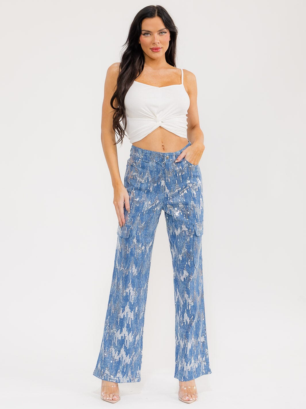 WOMEN'S BUTTON CLOSURE CARGO POCKETS SEQUINS WIDE LEG DENIM PANTS