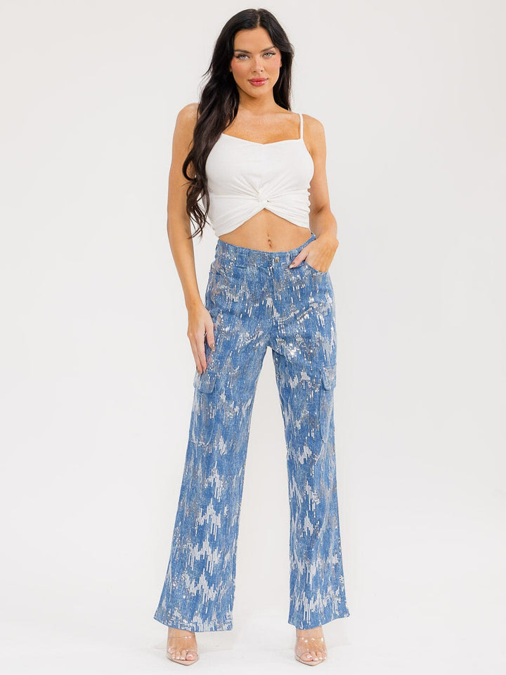 WOMEN'S BUTTON CLOSURE CARGO POCKETS SEQUINS WIDE LEG DENIM PANTS