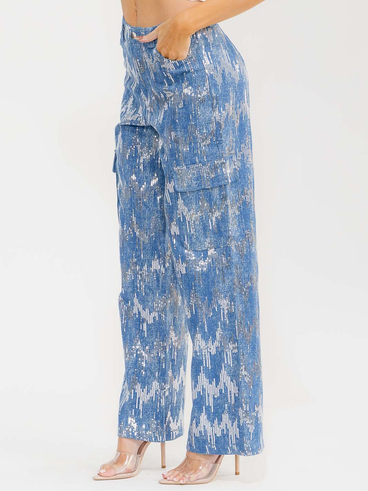WOMEN'S BUTTON CLOSURE CARGO POCKETS SEQUINS WIDE LEG DENIM PANTS