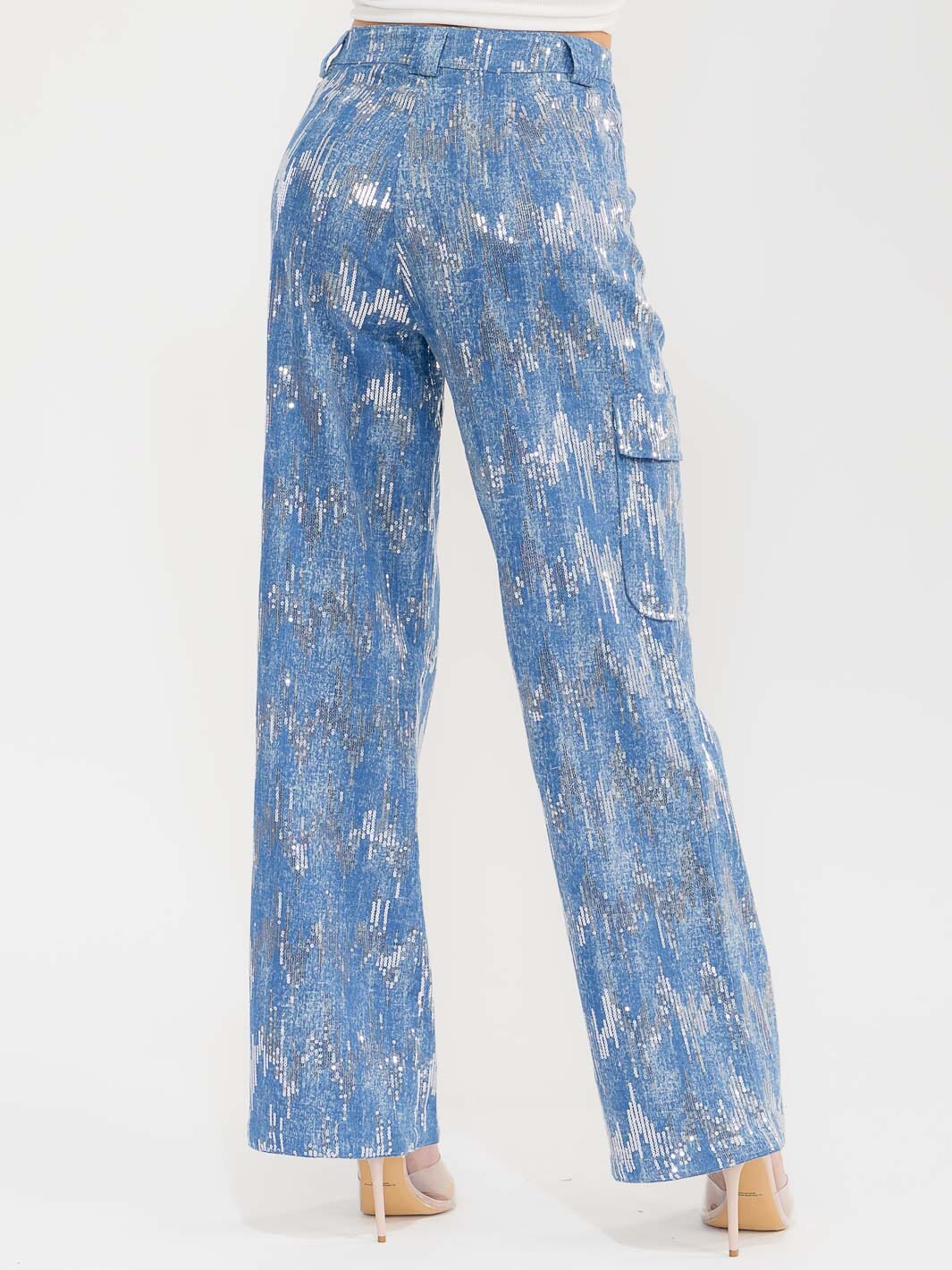 WOMEN'S BUTTON CLOSURE CARGO POCKETS SEQUINS WIDE LEG DENIM PANTS