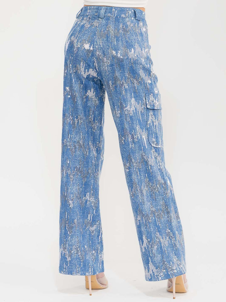 WOMEN'S BUTTON CLOSURE CARGO POCKETS SEQUINS WIDE LEG DENIM PANTS