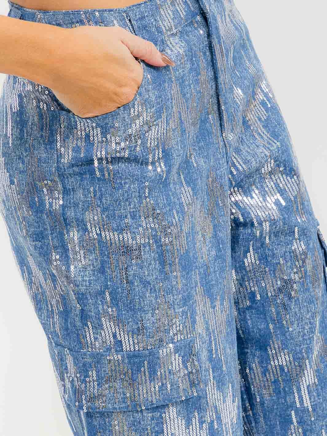 WOMEN'S BUTTON CLOSURE CARGO POCKETS SEQUINS WIDE LEG DENIM PANTS