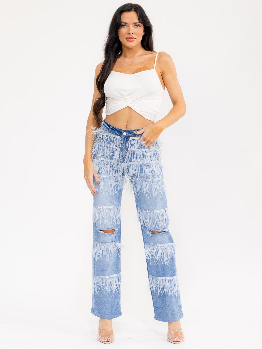 WOMEN'S BUTTON CLOSURE POCKETS FRINGE DETAILED STRAIGHT LEG DENIM DISTRESS PANTS