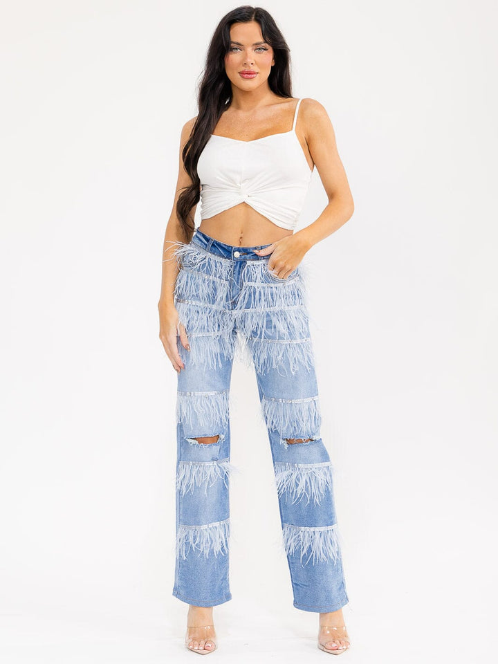 WOMEN'S BUTTON CLOSURE POCKETS FRINGE DETAILED STRAIGHT LEG DENIM DISTRESS PANTS