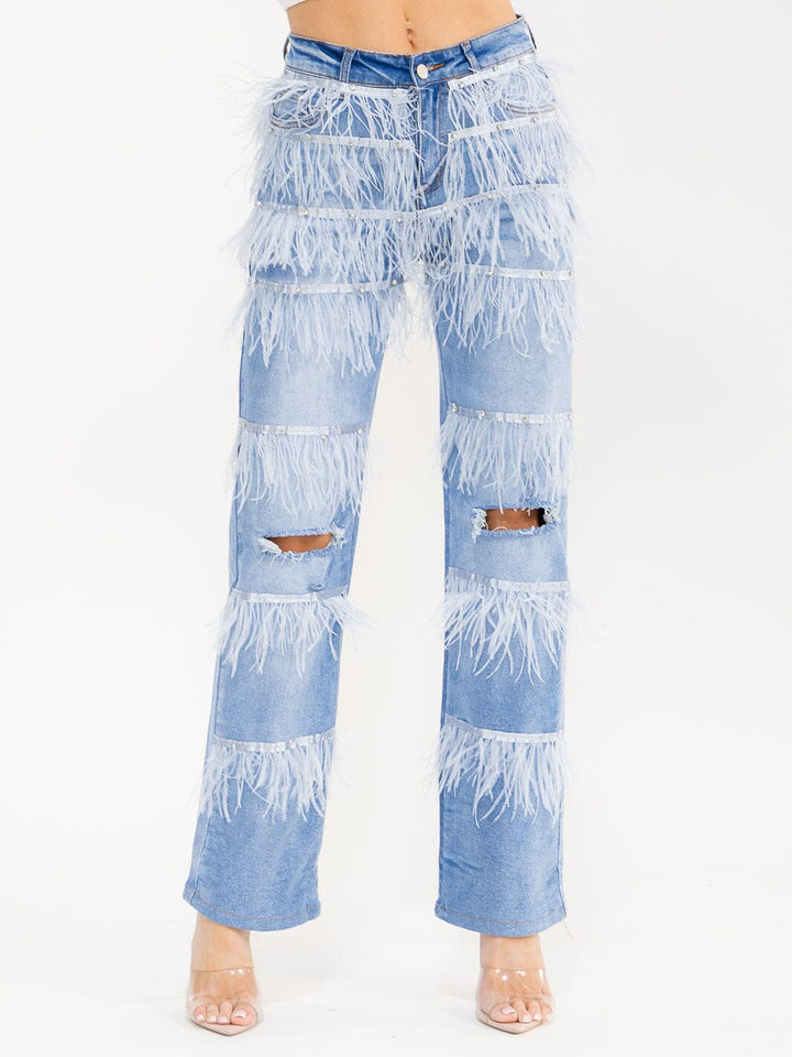 WOMEN'S BUTTON CLOSURE POCKETS FRINGE DETAILED STRAIGHT LEG DENIM DISTRESS PANTS