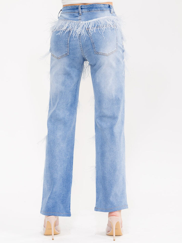 WOMEN'S BUTTON CLOSURE POCKETS FRINGE DETAILED STRAIGHT LEG DENIM DISTRESS PANTS