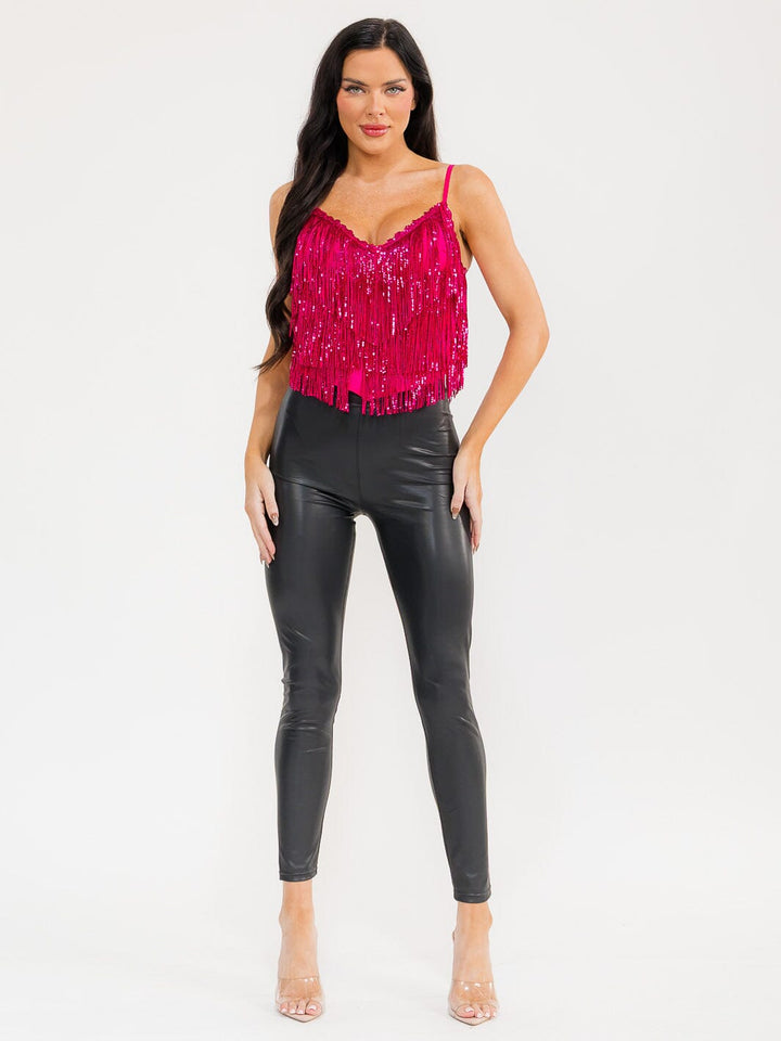 WOMEN'S SLEEVELESS V-NECK FRINGE SEQUINS TANK TOP