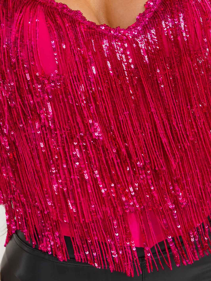 WOMEN'S SLEEVELESS V-NECK FRINGE SEQUINS TANK TOP