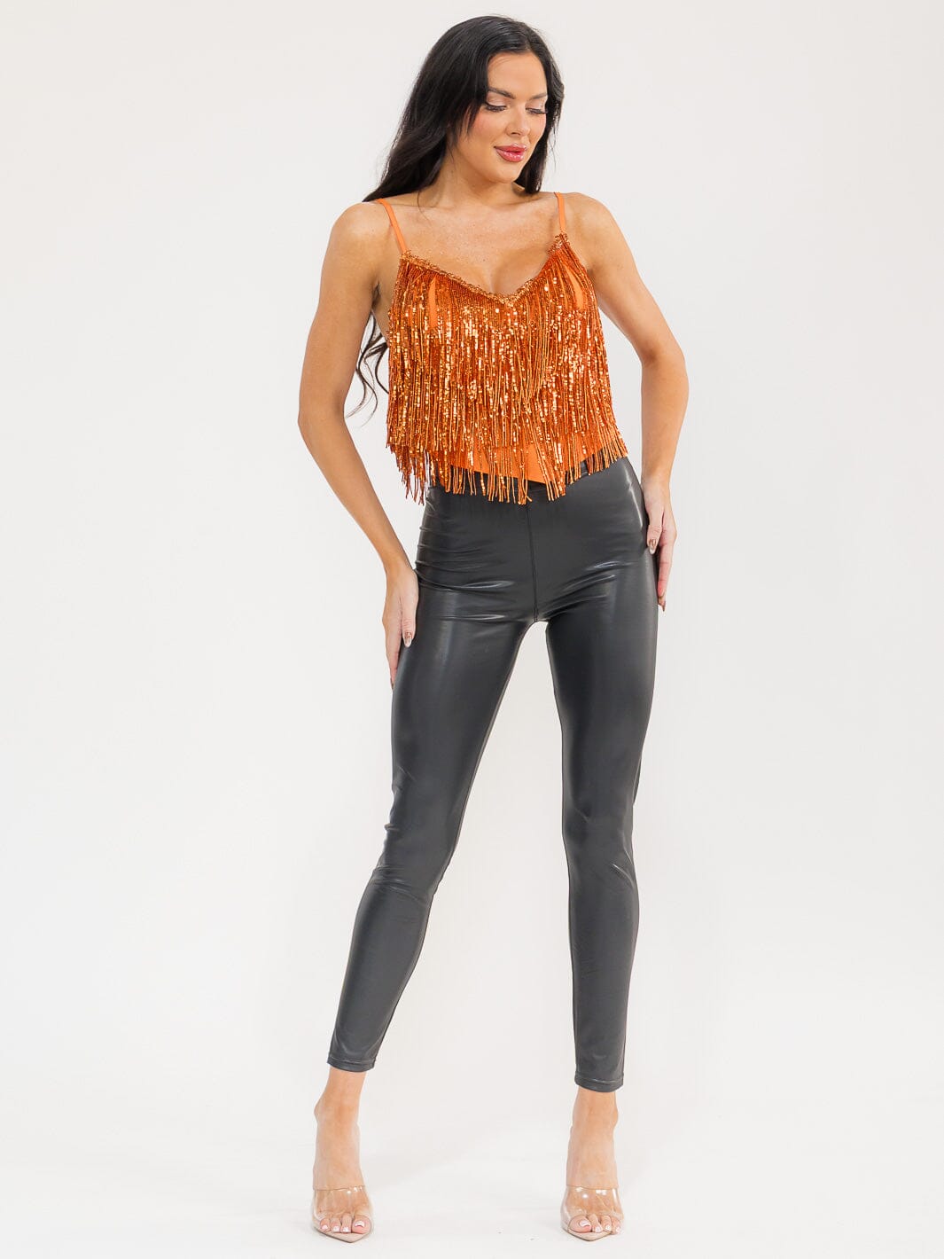 WOMEN'S SLEEVELESS V-NECK FRINGE SEQUINS TANK TOP
