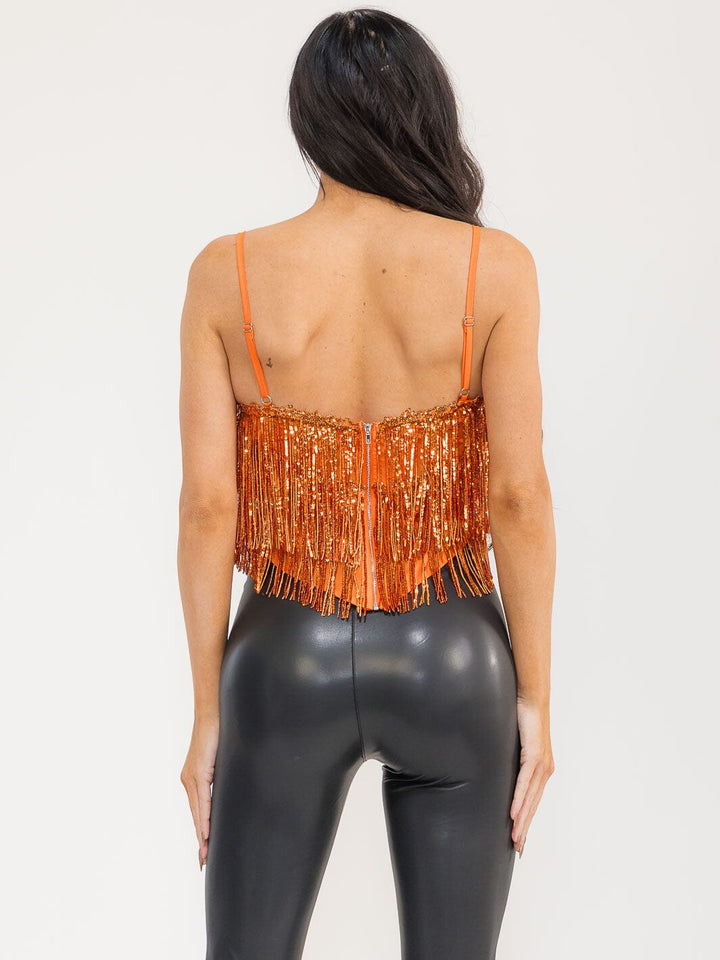WOMEN'S SLEEVELESS V-NECK FRINGE SEQUINS TANK TOP
