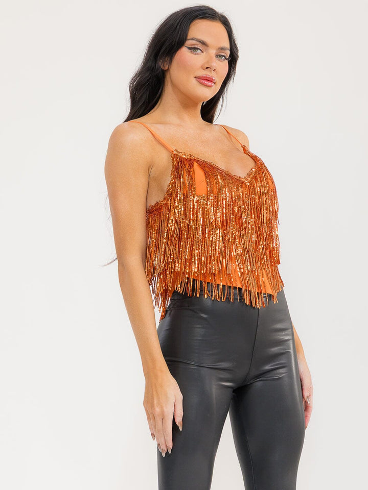 WOMEN'S SLEEVELESS V-NECK FRINGE SEQUINS TANK TOP