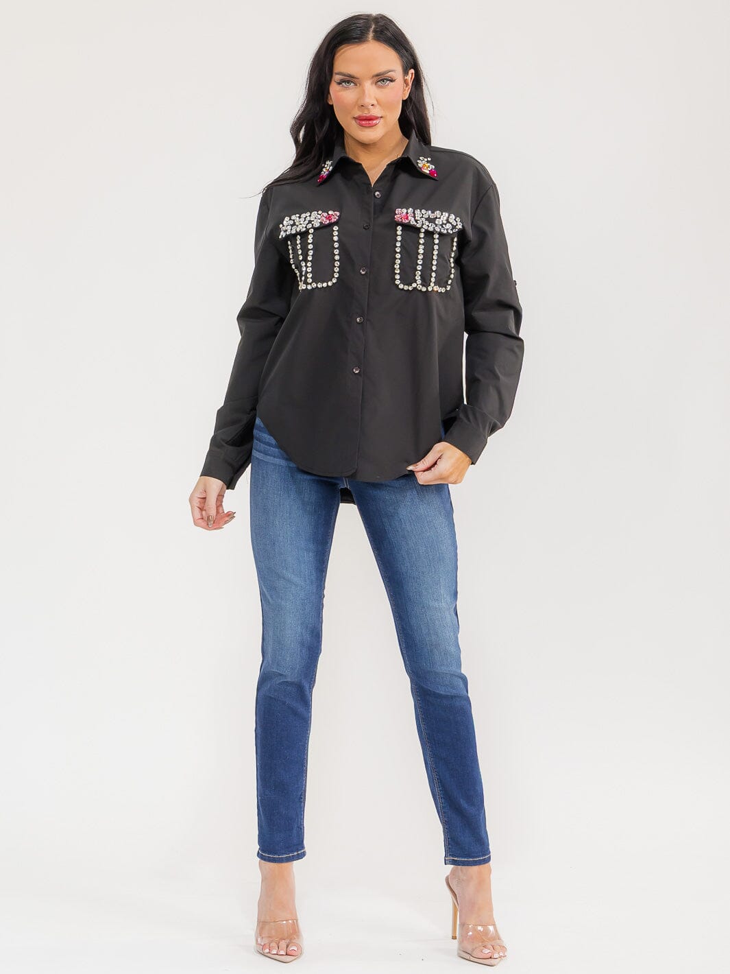 WOMEN'S LONG SLEEVE BUTTON UP FRONT POCKETS STUDS DETAILED TOP