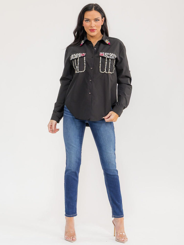 WOMEN'S LONG SLEEVE BUTTON UP FRONT POCKETS STUDS DETAILED TOP