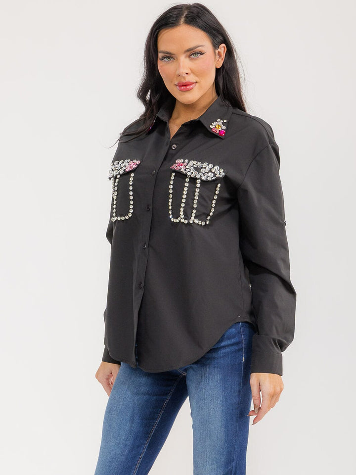 WOMEN'S LONG SLEEVE BUTTON UP FRONT POCKETS STUDS DETAILED TOP