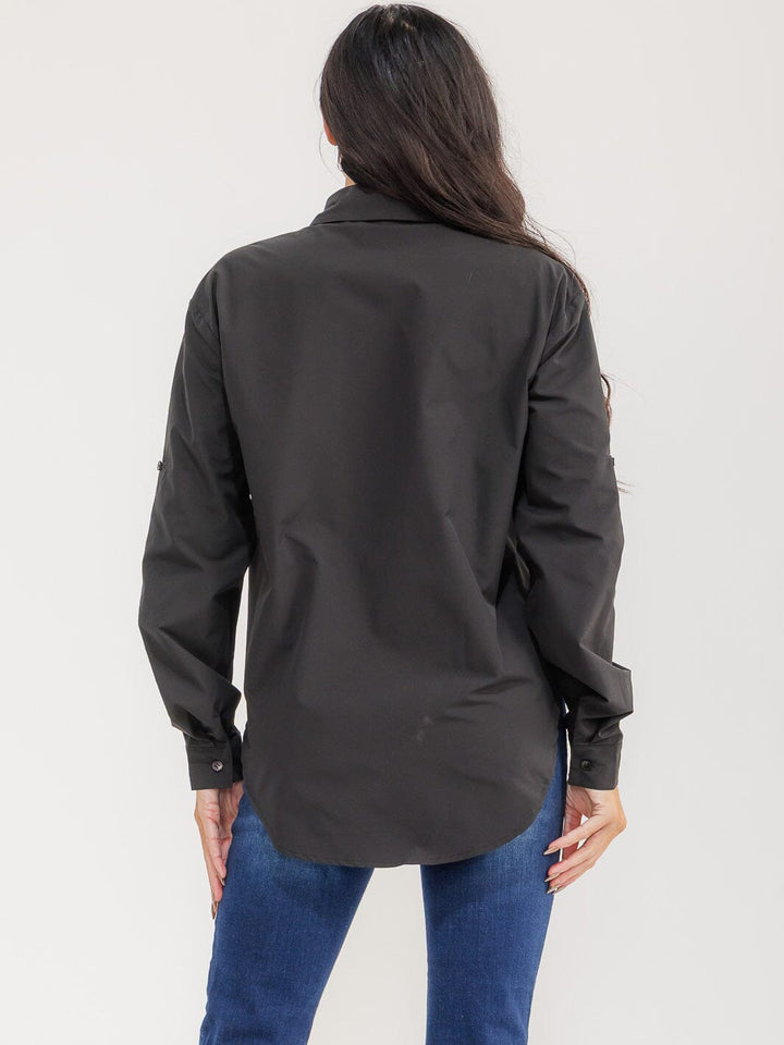 WOMEN'S LONG SLEEVE BUTTON UP FRONT POCKETS STUDS DETAILED TOP