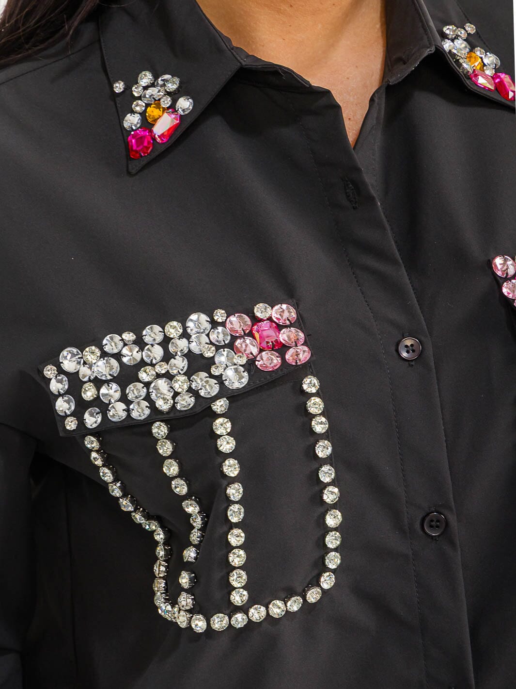 WOMEN'S LONG SLEEVE BUTTON UP FRONT POCKETS STUDS DETAILED TOP