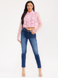 WOMEN'S LONG SLEEVE BUTTON UP LACE SHEER DETAILED CROP TOP