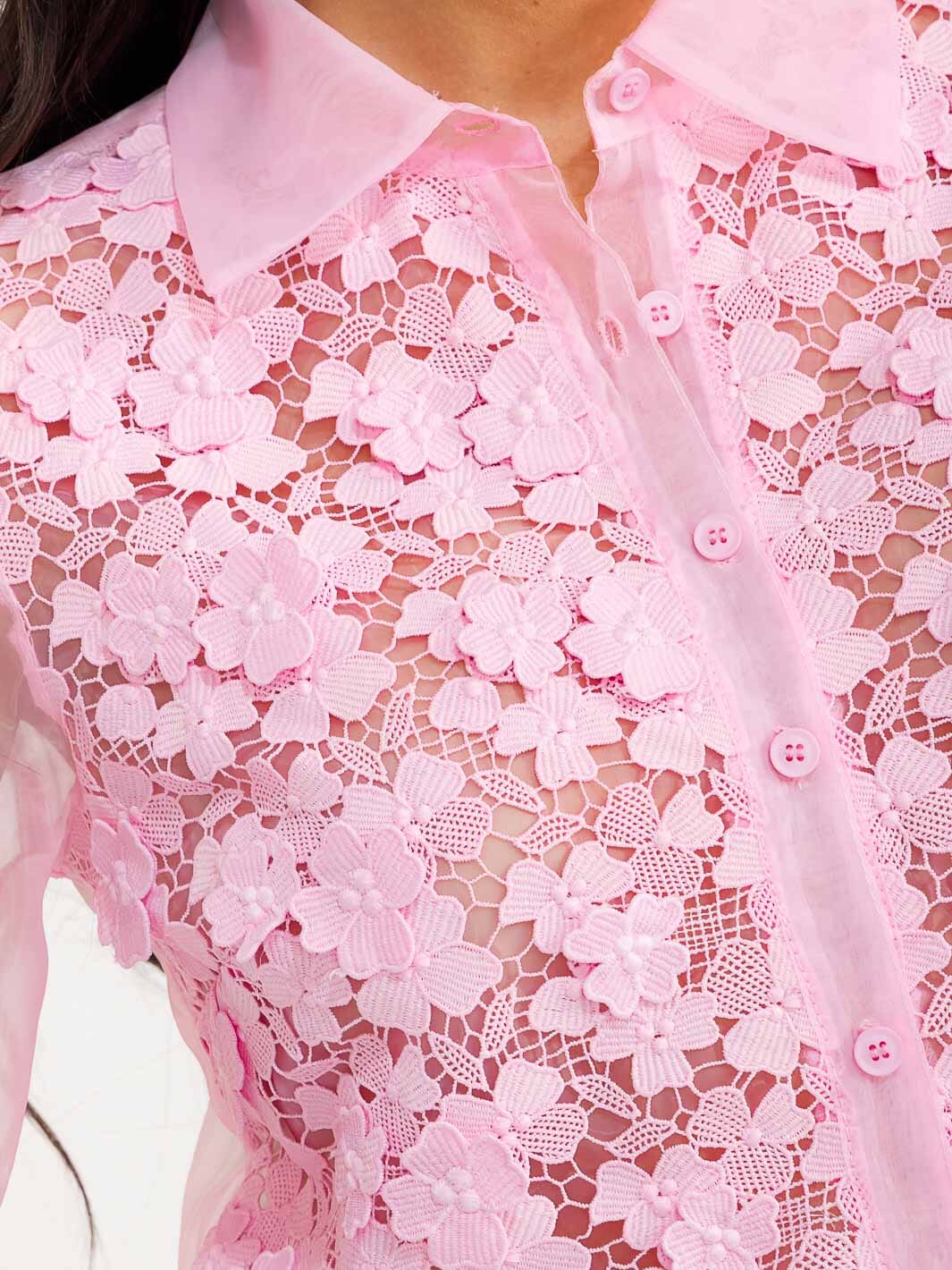 WOMEN'S LONG SLEEVE BUTTON UP LACE SHEER DETAILED CROP TOP