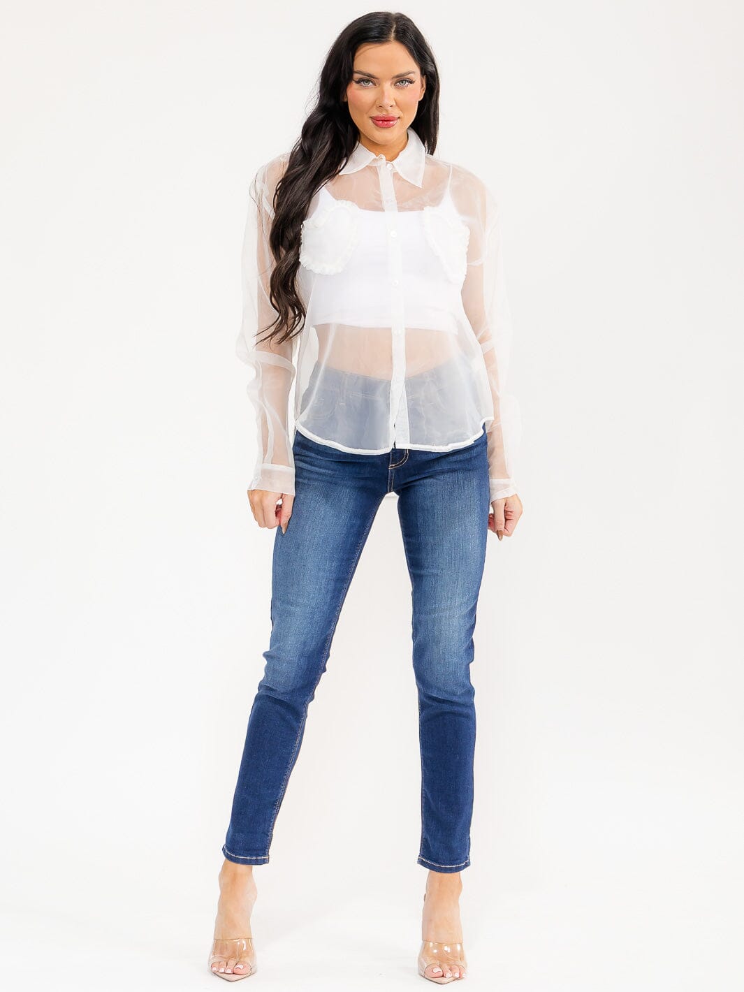 WOMEN'S LONG SLEEVE BUTTON UP FRONT POCKETS SHEER BLOUSE