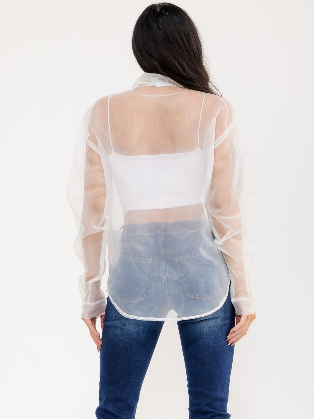 WOMEN'S LONG SLEEVE BUTTON UP FRONT POCKETS SHEER BLOUSE