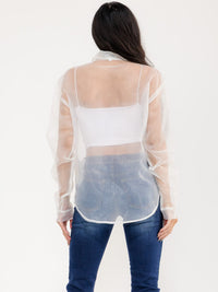 WOMEN'S LONG SLEEVE BUTTON UP FRONT POCKETS SHEER BLOUSE