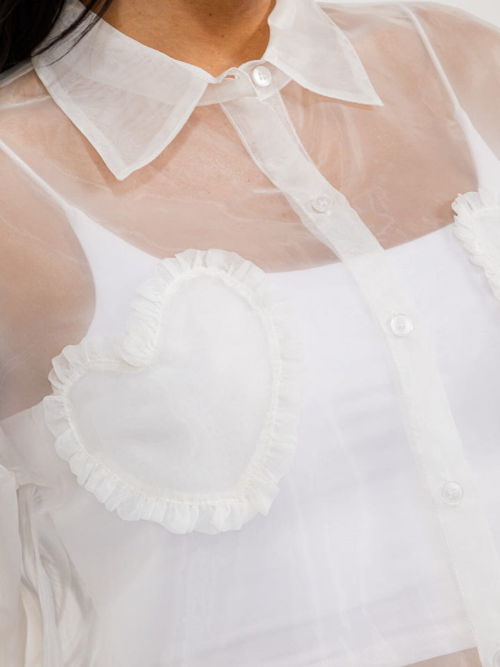 WOMEN'S LONG SLEEVE BUTTON UP FRONT POCKETS SHEER BLOUSE