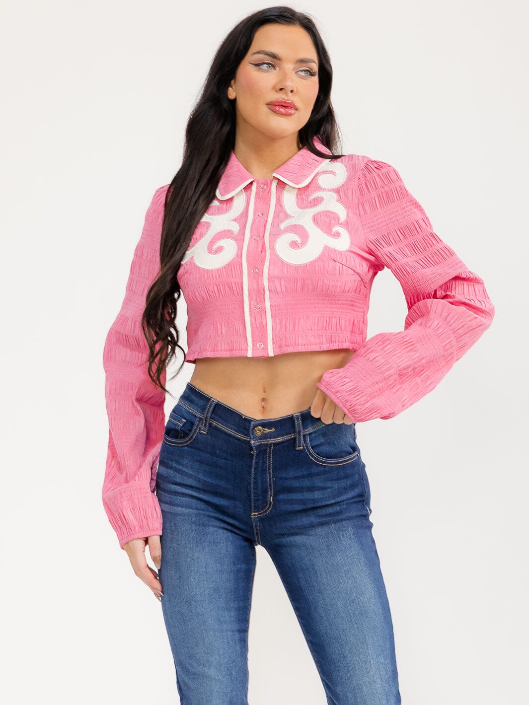 WOMEN'S LONG SLEEVE BUTTON UP SMOCK PRINT DETAILED CROP TOP