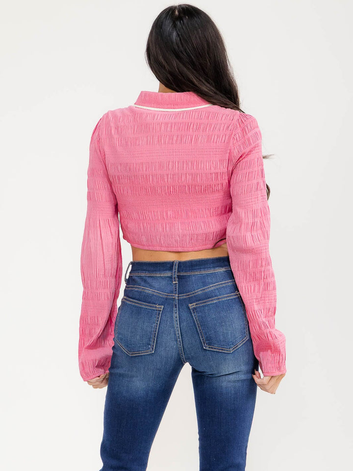 WOMEN'S LONG SLEEVE BUTTON UP SMOCK PRINT DETAILED CROP TOP