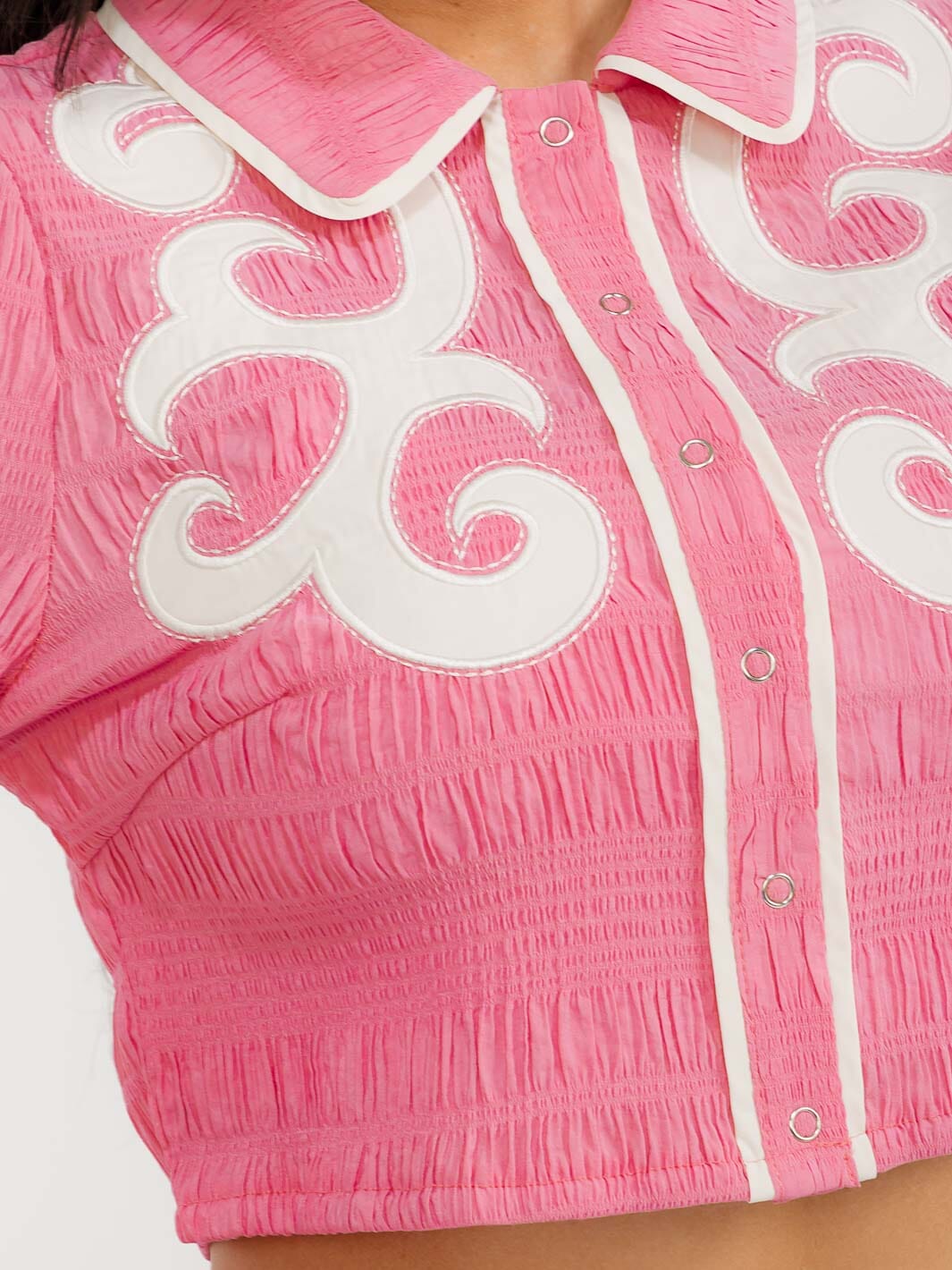 WOMEN'S LONG SLEEVE BUTTON UP SMOCK PRINT DETAILED CROP TOP