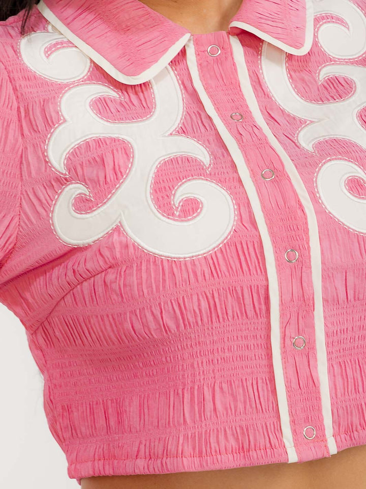 WOMEN'S LONG SLEEVE BUTTON UP SMOCK PRINT DETAILED CROP TOP