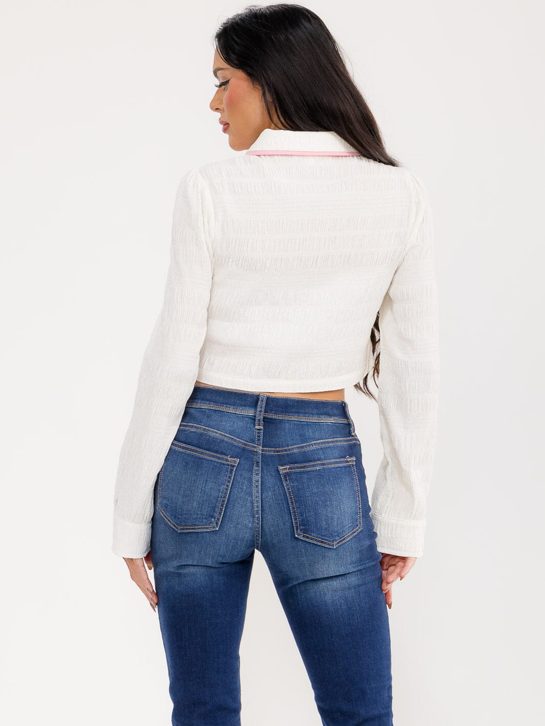 WOMEN'S LONG SLEEVE BUTTON UP SMOCK PRINT DETAILED CROP TOP