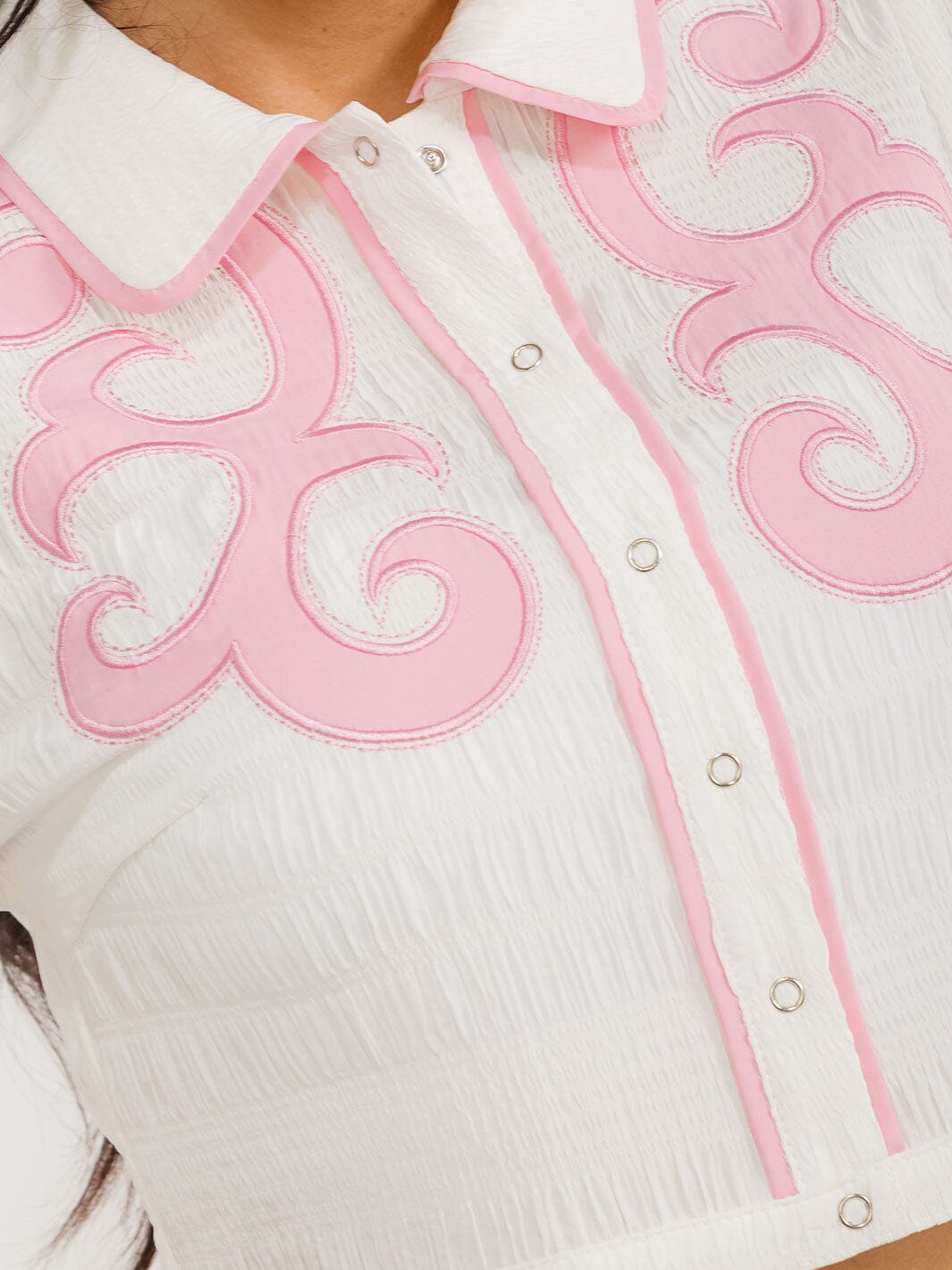 WOMEN'S LONG SLEEVE BUTTON UP SMOCK PRINT DETAILED CROP TOP