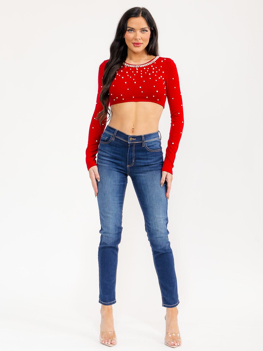 WOMEN'S LONG SLEEVE PEARL DETAILED CROP TOP