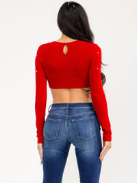 WOMEN'S LONG SLEEVE PEARL DETAILED CROP TOP