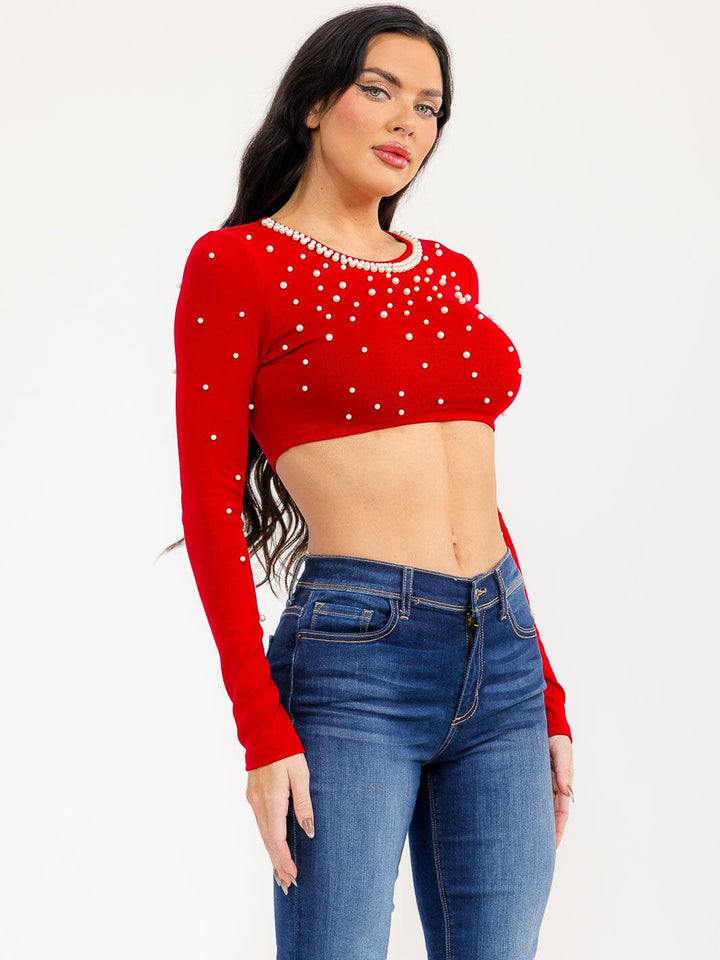 WOMEN'S LONG SLEEVE PEARL DETAILED CROP TOP