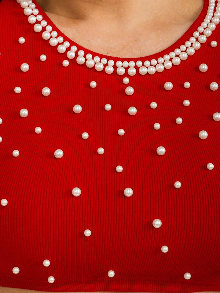 WOMEN'S LONG SLEEVE PEARL DETAILED CROP TOP