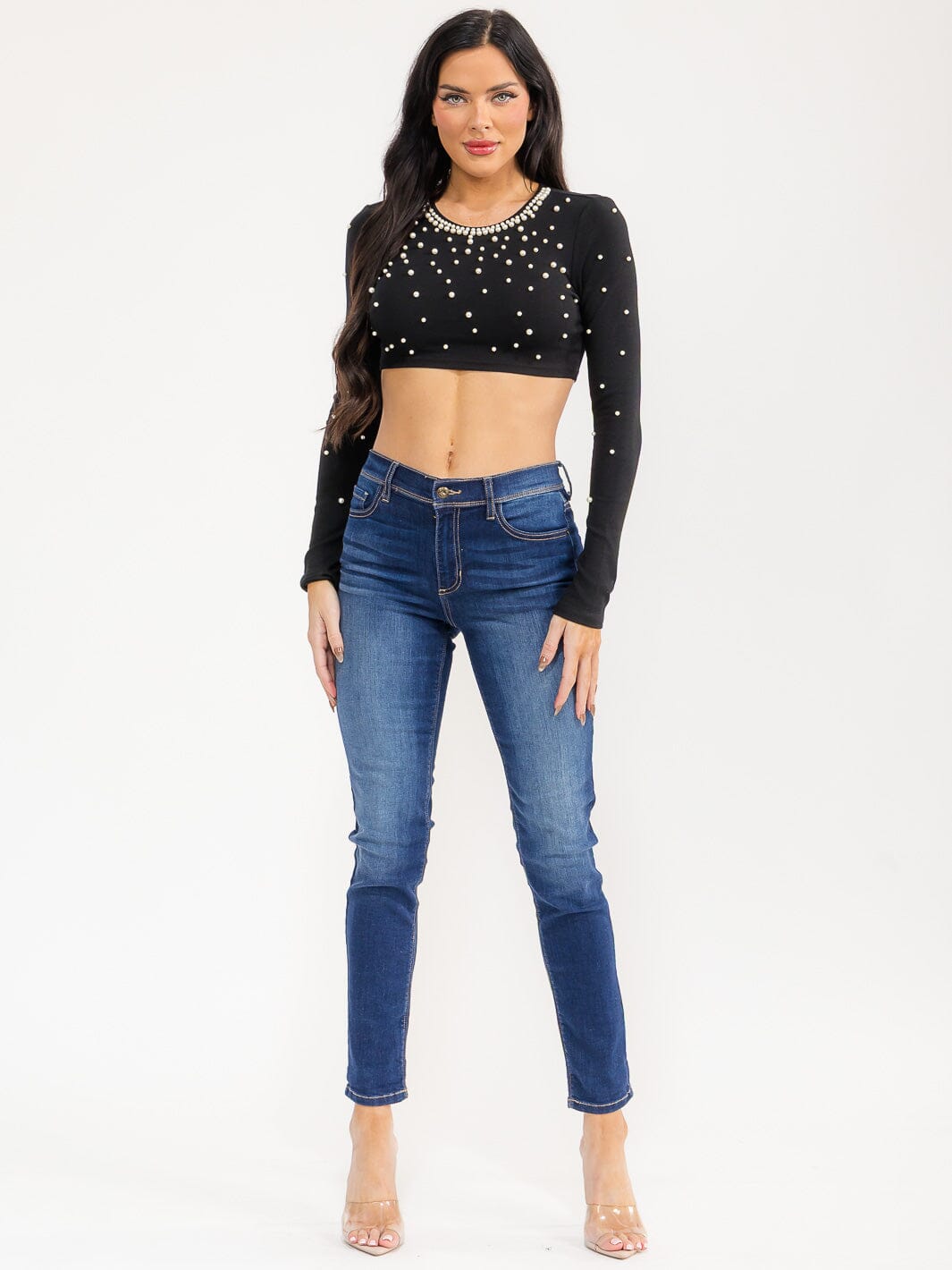 WOMEN'S LONG SLEEVE PEARL DETAILED CROP TOP