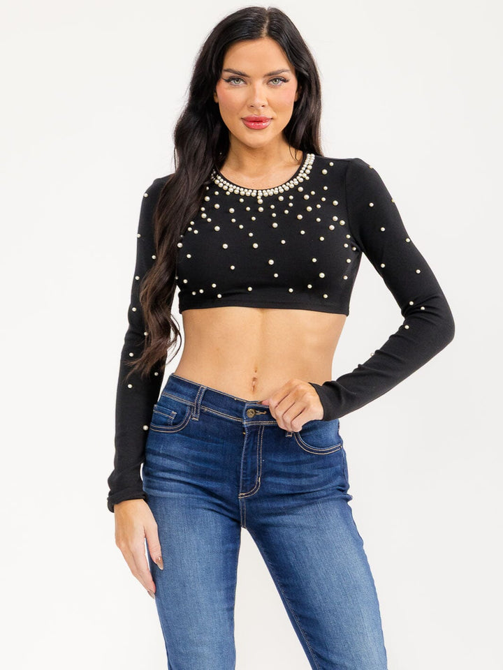 WOMEN'S LONG SLEEVE PEARL DETAILED CROP TOP