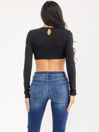WOMEN'S LONG SLEEVE PEARL DETAILED CROP TOP