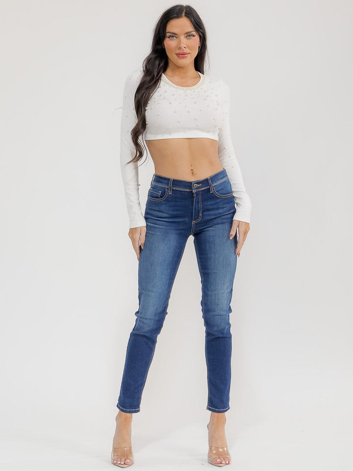 WOMEN'S LONG SLEEVE PEARL DETAILED CROP TOP