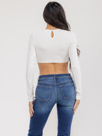 WOMEN'S LONG SLEEVE PEARL DETAILED CROP TOP