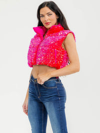 WOMEN'S SLEEVELESS ZIP UP FRONT POCKETS SEQUINS PUFFER VEST