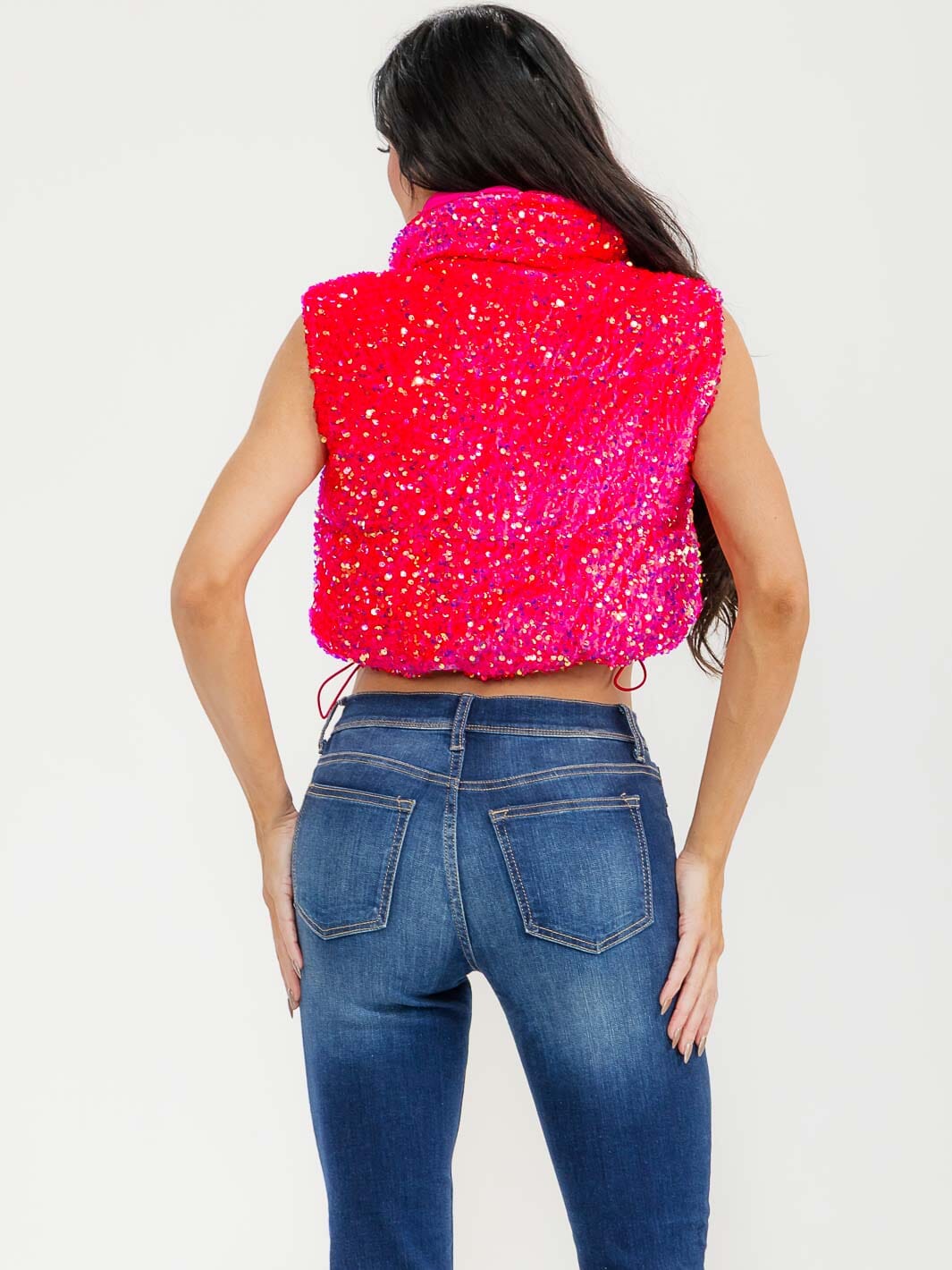 WOMEN'S SLEEVELESS ZIP UP FRONT POCKETS SEQUINS PUFFER VEST