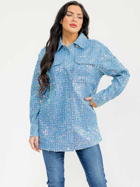 WOMEN'S LONG SLEEVE BUTTON UP FRONT POCKETS DENIM SEQUINS JACKET