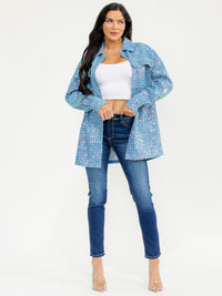 WOMEN'S LONG SLEEVE BUTTON UP FRONT POCKETS DENIM SEQUINS JACKET