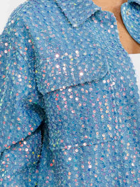 WOMEN'S LONG SLEEVE BUTTON UP FRONT POCKETS DENIM SEQUINS JACKET