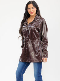 WOMEN'S LONG SLEEVE ZIPPER UP BUTTON CLOSURE PU PLEATHER JACKET