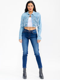 WOMEN'S LONG SLEEVE BUTTON UP FRINGE DENIM CROP JACKET