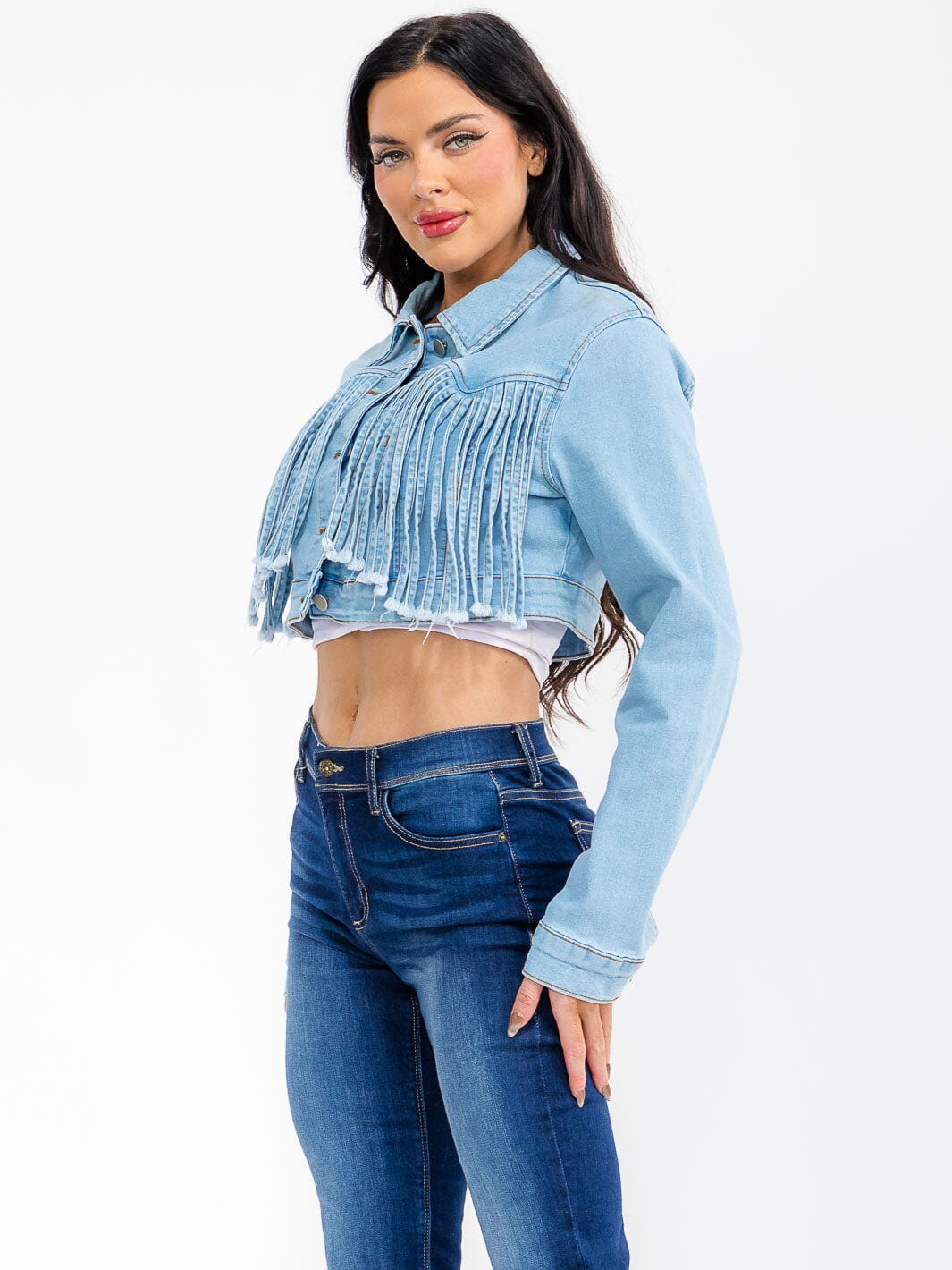 WOMEN'S LONG SLEEVE BUTTON UP FRINGE DENIM CROP JACKET